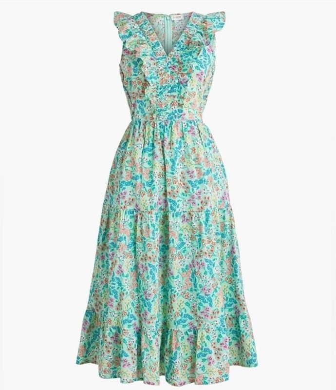 J Crew Spearmint Floral Sleeveless Midi Dress 100% Cotton Flutter Ruffle Size 18